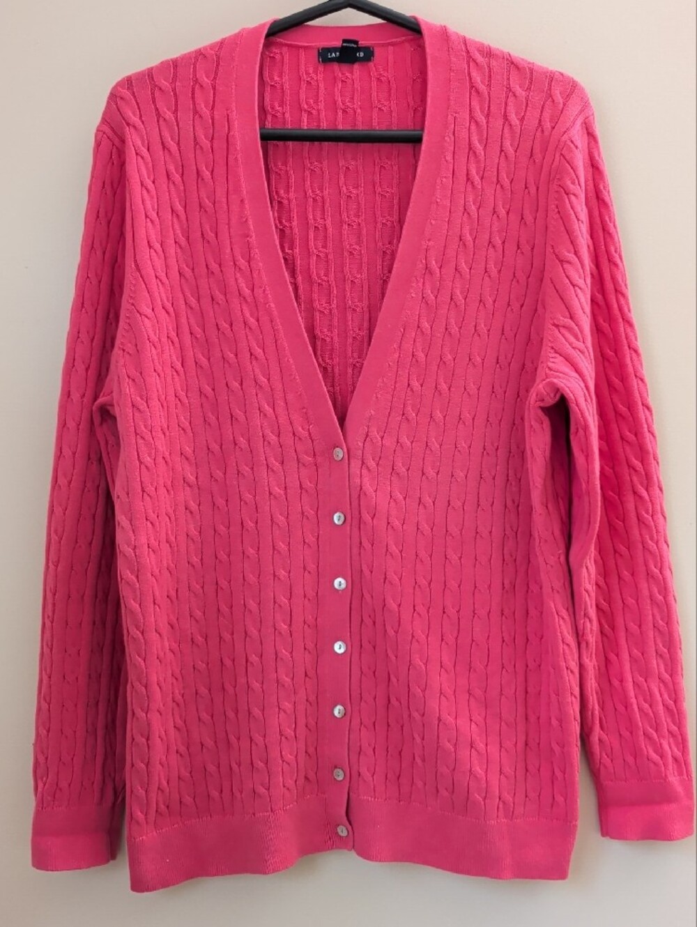 Lands' End 1X Pink Cable Knit Cotton V-Neck Button Cardigan Sweater